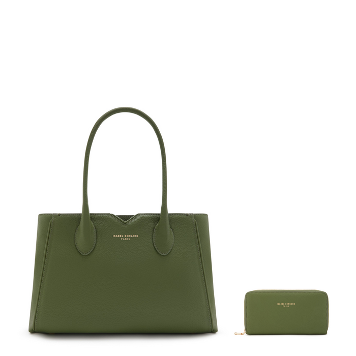 isabel bernard Cadeau d'Isabel ensemble de sac à main en cuir de veau vert et portefeuille zippé