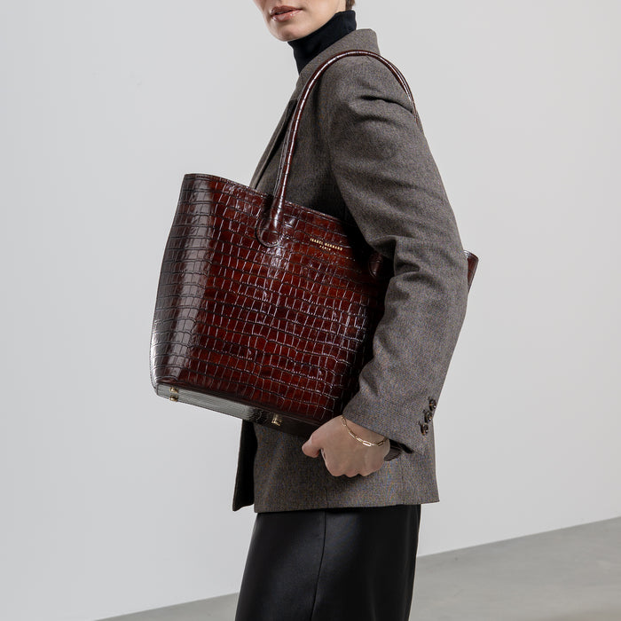 Isabel Bernard Cadeau D'Isabel Sac à Main En Cuir De Veau Croco Marron Et Portefeuille Zippé