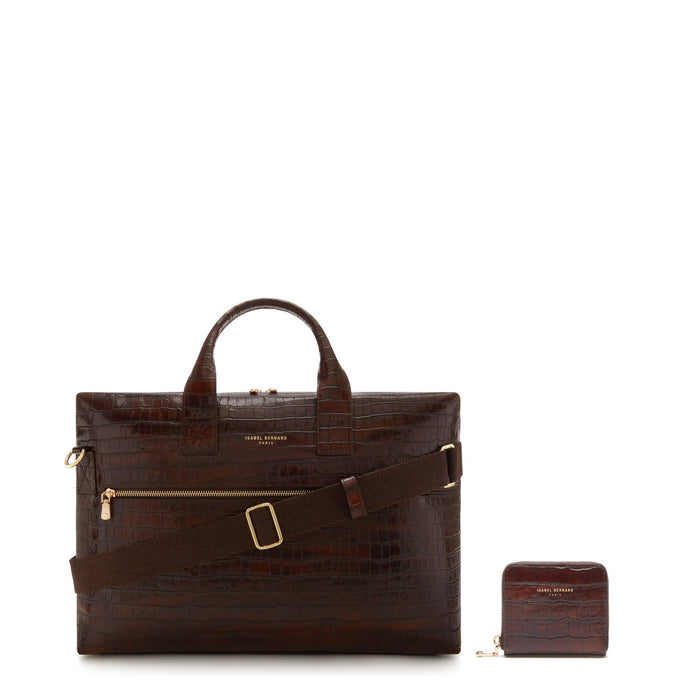 isabel bernard Cadeau d'Isabel sac à main en cuir de veau croco marron et ensemble de portefeuille zippé