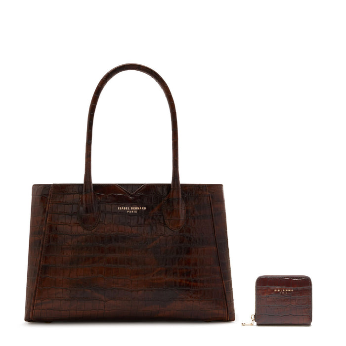 isabel bernard Cadeau d'Isabel sac à main en cuir de veau croco marron et ensemble de portefeuille zippé