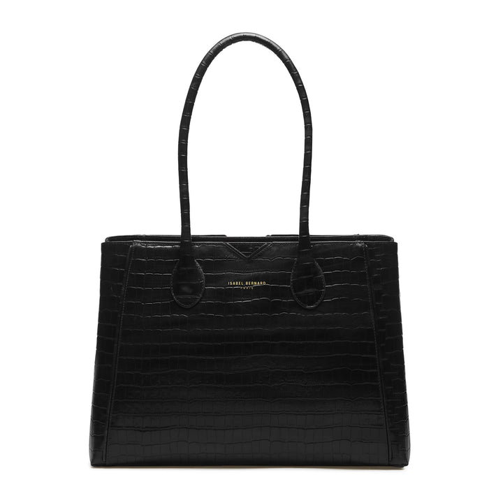Isabel Bernard Cadeau D'Isabel Sac à Main En Cuir De Veau Noir Croco Et Portefeuille Zippé