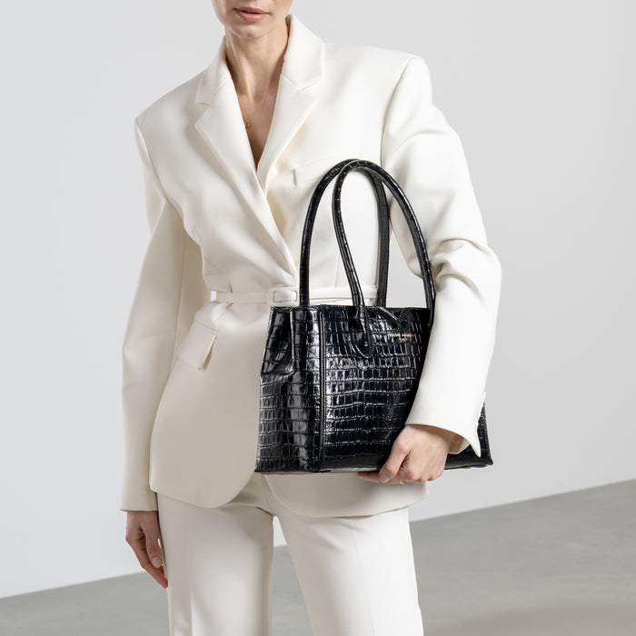 Isabel Bernard Cadeau D'Isabel Sac à Main En Cuir De Veau Noir Croco Et Ensemble De Portefeuille Zippé