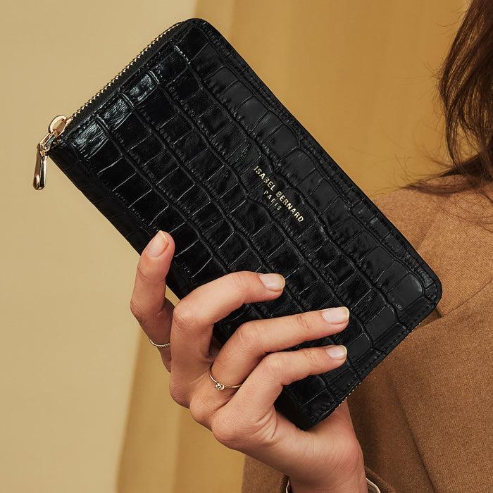 Isabel Bernard Cadeau D'Isabel Sac à Main En Cuir De Veau Noir Croco Et Ensemble De Portefeuille Zippé