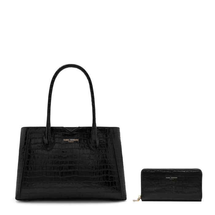 isabel bernard Cadeau d'Isabel sac à main en cuir de veau noir croco et ensemble de portefeuille zippé