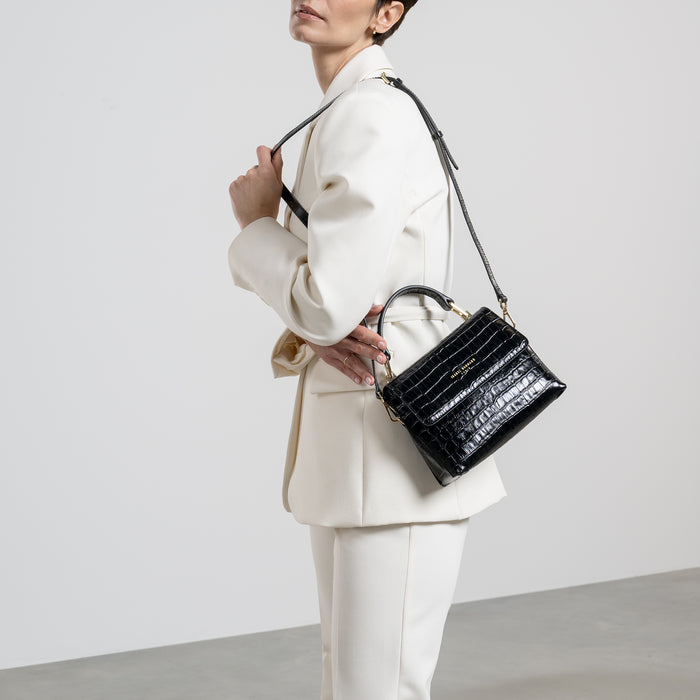 Isabel Bernard Cadeau D'Isabel Sac à Main En Cuir De Veau Noir Croco Et Portefeuille Zippé