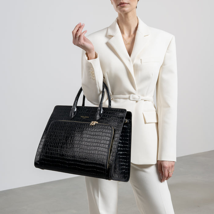 Isabel Bernard Cadeau D'Isabel Sac à Main En Cuir De Veau Noir Croco Et Portefeuille Zippé