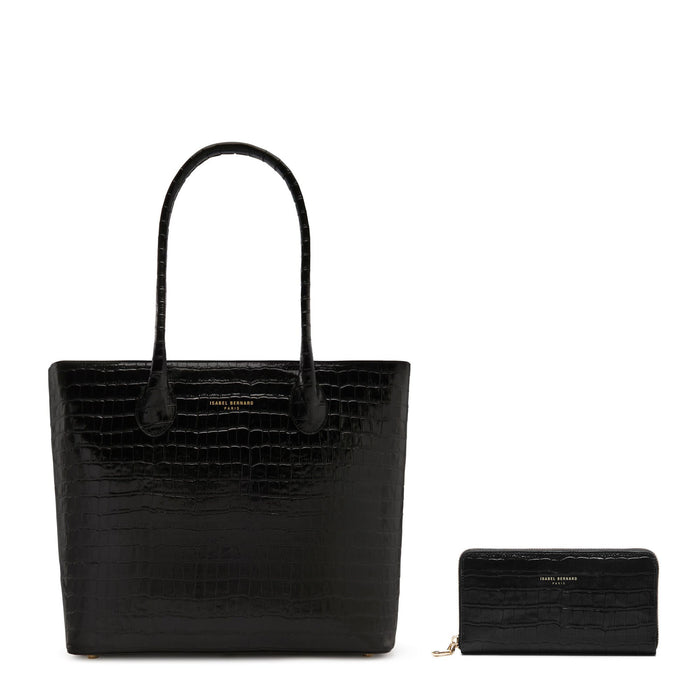 isabel bernard Cadeau d'Isabel sac à main en cuir de veau noir croco et portefeuille zippé