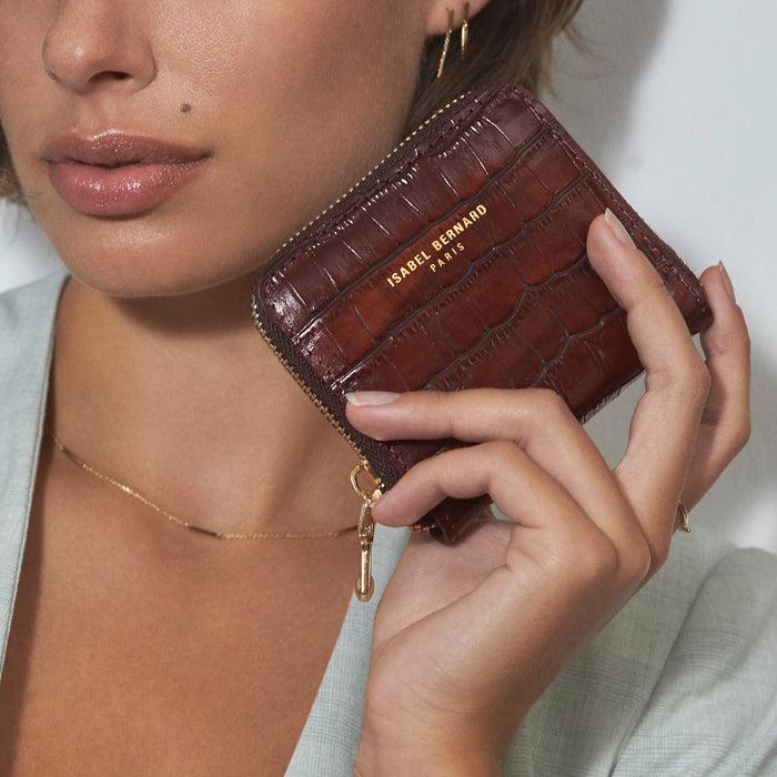 Isabel Bernard Cadeau D'Isabel - Sac à Main Et Portefeuille à Fermeture éclair En Cuir De Veau Marron Croco