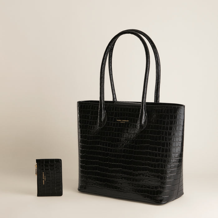 Isabel Bernard Cadeau D'Isabel - Set Cadeau Shopper Et Porte-cartes En Cuir De Veau Croco Noir
