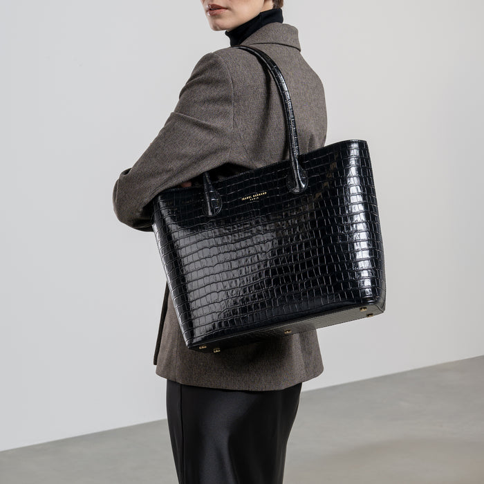 Isabel Bernard Cadeau D'Isabel - Set Cadeau Shopper Et Porte-cartes En Cuir De Veau Croco Noir