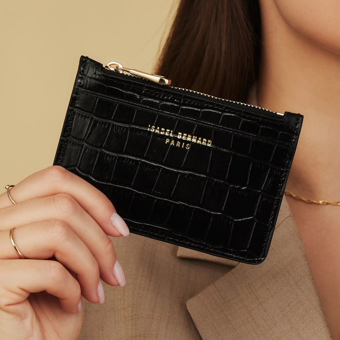 Isabel Bernard Cadeau D'Isabel - Set Cadeau Shopper Et Porte-cartes En Cuir De Veau Croco Noir