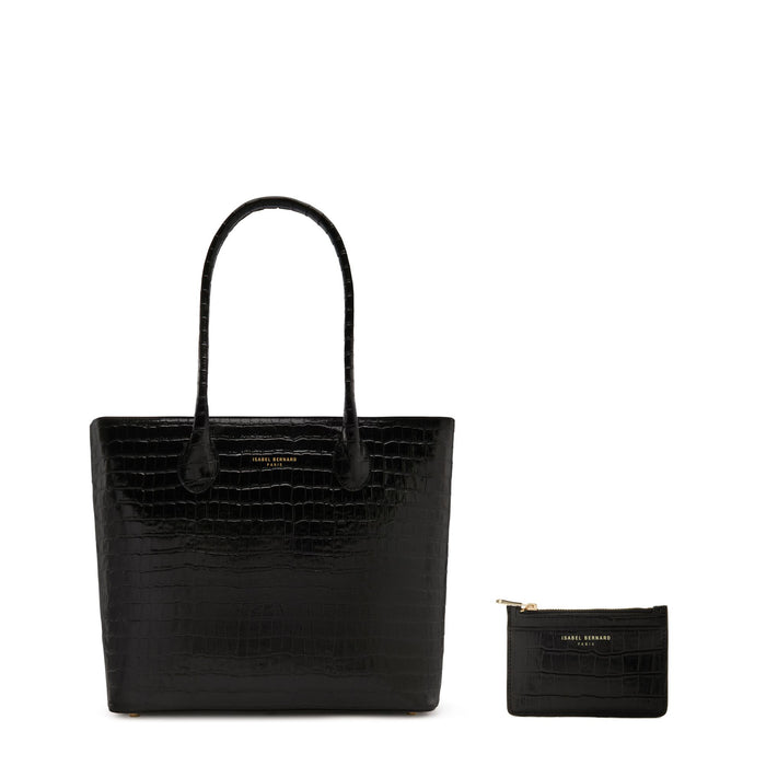 isabel bernard Cadeau d'Isabel - Set cadeau shopper et porte-cartes en cuir de veau croco noir
