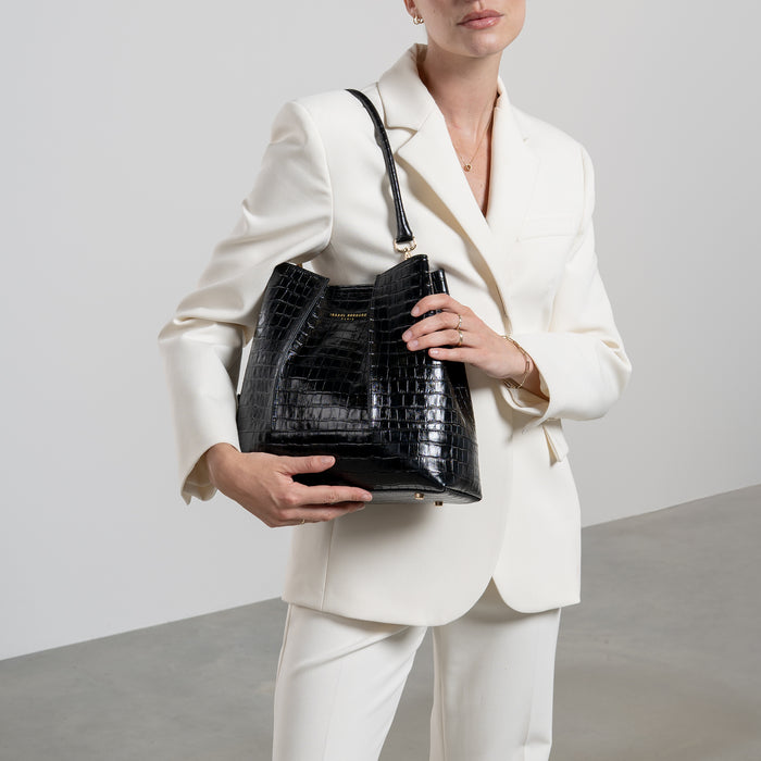 Isabel Bernard Femme Forte Macie Sac à Main En Cuir De Veau Noir Croco