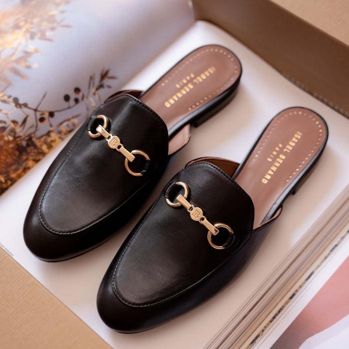 Isabel Bernard Vendôme Fleur Black Calfskin Leather Slipper Loafers