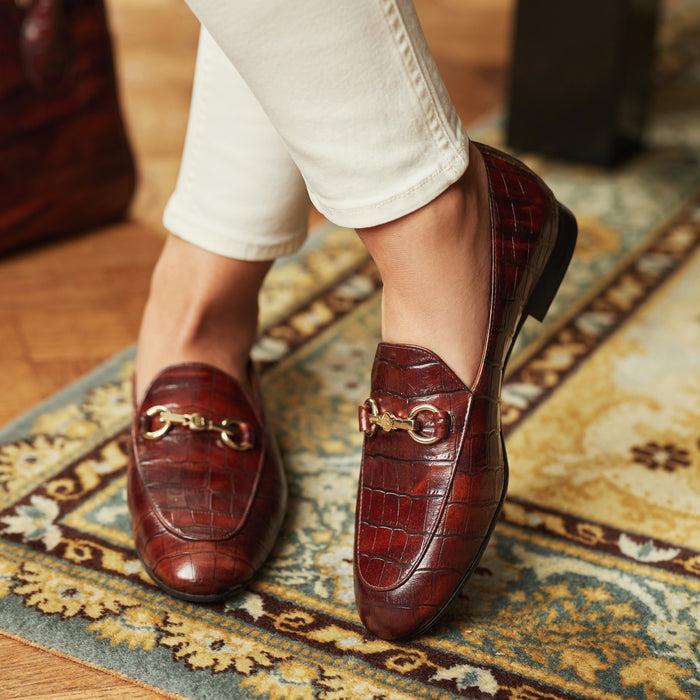Isabel Bernard Vendôme Fleur Mocassins à Talon En Cuir De Veau Marron Croco
