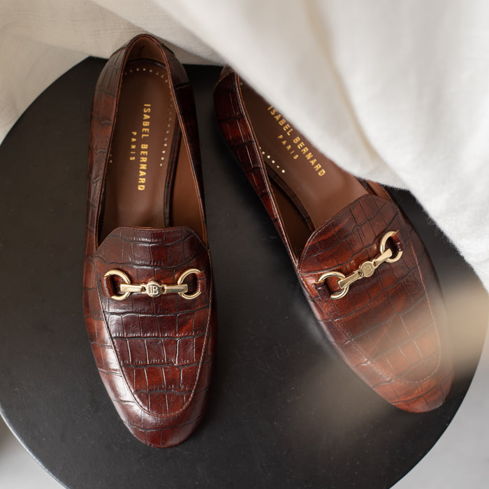 Isabel Bernard Vendôme Fleur Mocassins à Talon En Cuir De Veau Marron Croco