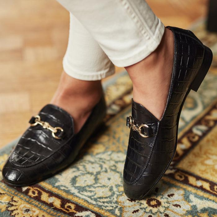 Isabel Bernard Vendôme Fleur Mocassins à Talon En Cuir De Veau Noir Croco