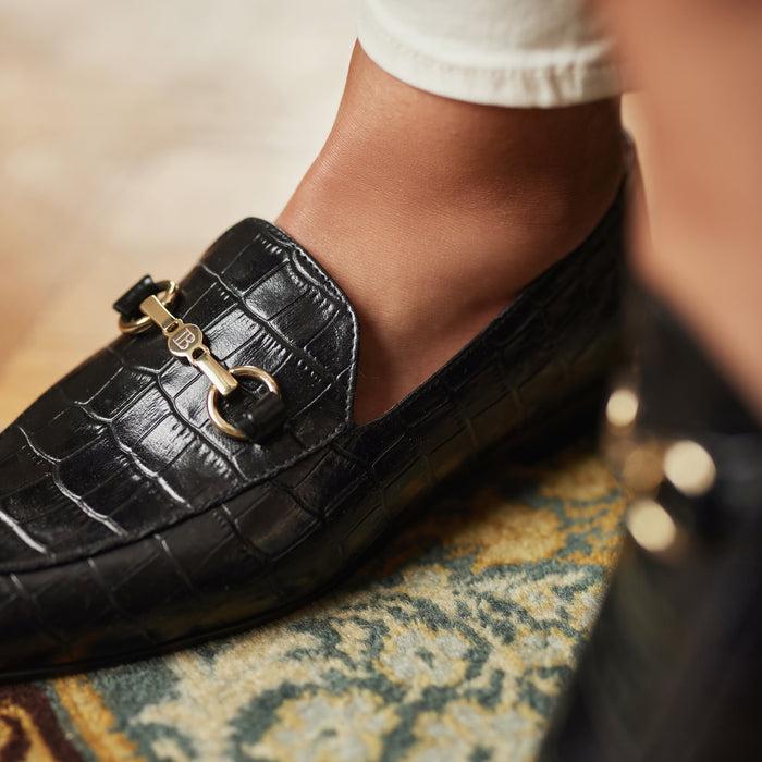 Isabel Bernard Vendôme Fleur Mocassins à Talon En Cuir De Veau Noir Croco
