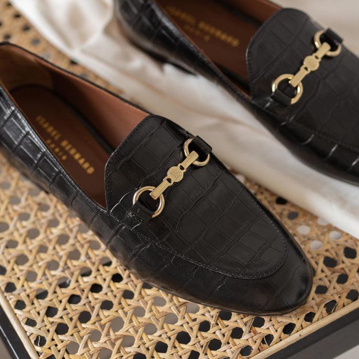 Isabel Bernard Vendôme Fleur Mocassins à Talon En Cuir De Veau Noir Croco