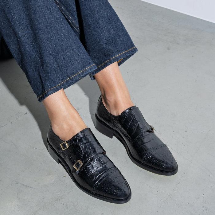 Isabel Bernard Vendôme Sophie Doubles Chaussures De Moine En Cuir De Veau Noir Croco