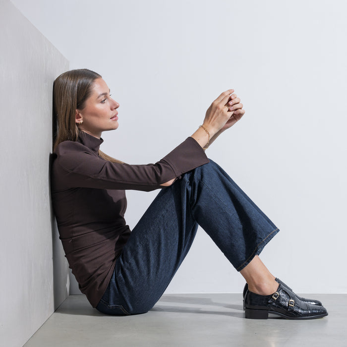 Isabel Bernard Vendôme Sophie Doubles Chaussures De Moine En Cuir De Veau Noir Croco