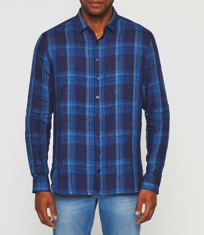 Izac Chemise à Carreaux En Lin Manches Longues Bleue "Kyron"