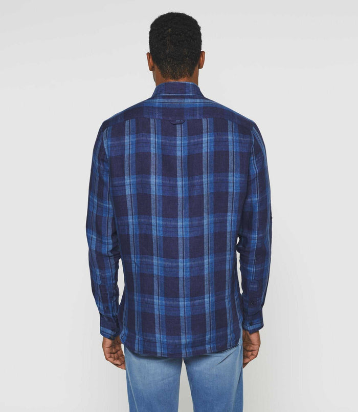Izac Chemise à Carreaux En Lin Manches Longues Bleue "Kyron"