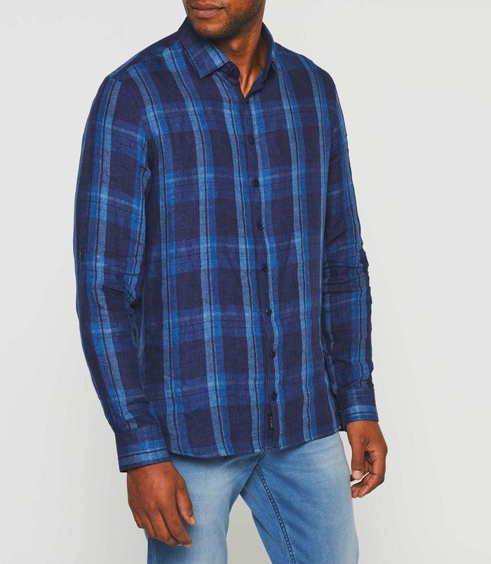 Izac Chemise à Carreaux En Lin Manches Longues Bleue "Kyron"
