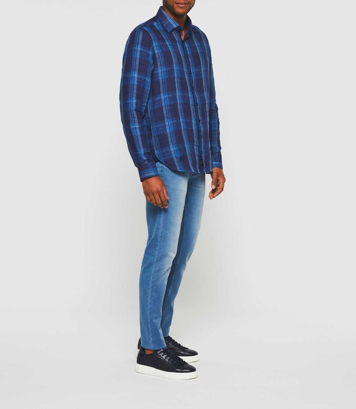 izac Chemise à carreaux en lin manches longues bleue "Kyron"