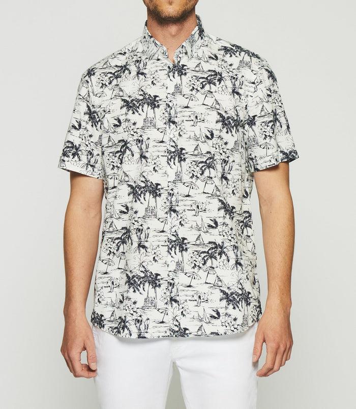 Izac Chemise à Imprimé Palmier Manches Courtes Blanche Et Marine KAMILLE