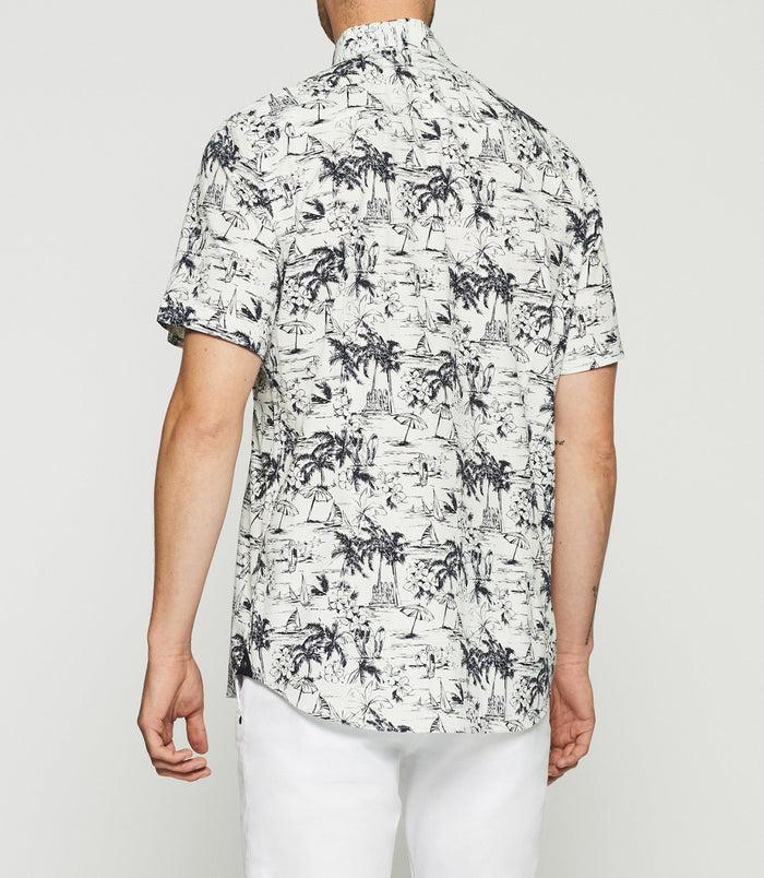 Izac Chemise à Imprimé Palmier Manches Courtes Blanche Et Marine KAMILLE