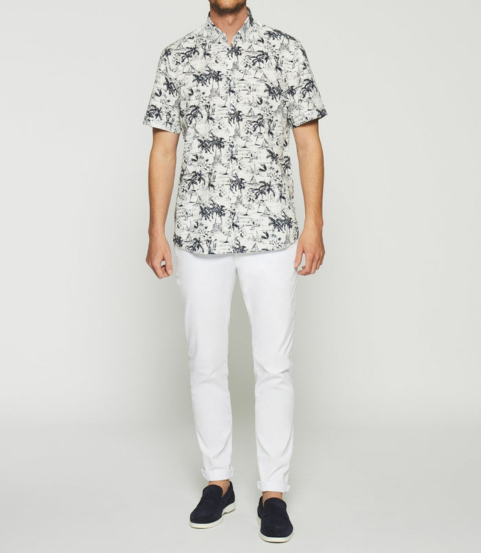 izac Chemise à imprimé palmier manches courtes blanche et marine KAMILLE