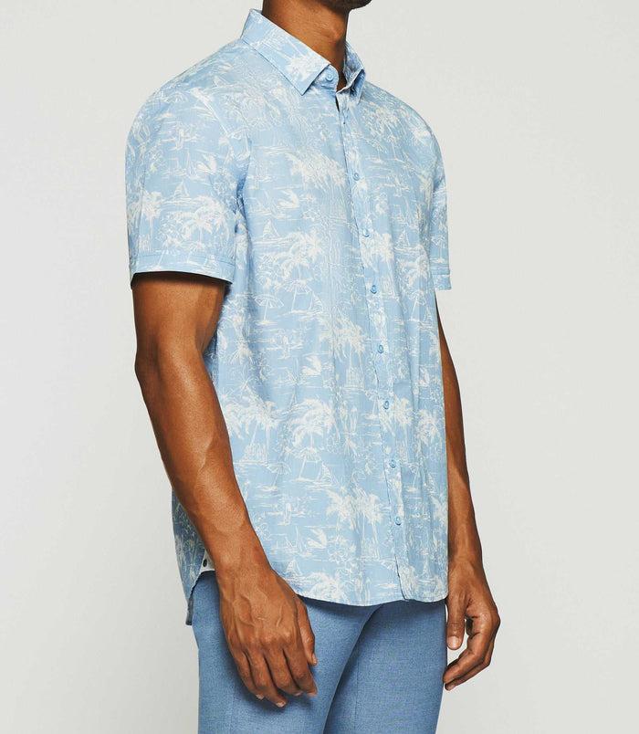 Izac Chemise à Imprimé Palmier Manches Courtes Ciel Et Blanche KAMILLE