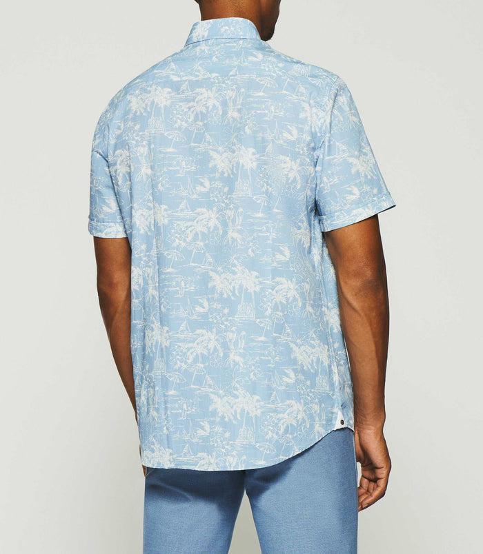 Izac Chemise à Imprimé Palmier Manches Courtes Ciel Et Blanche KAMILLE