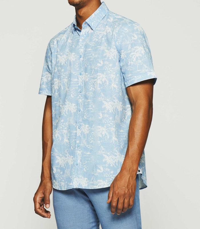 Izac Chemise à Imprimé Palmier Manches Courtes Ciel Et Blanche KAMILLE