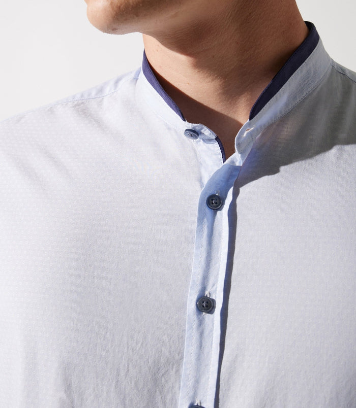 Izac Chemise Col Mao à Coudières Bleu Ciel Et Marine JOYBT