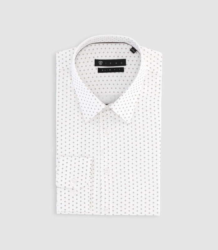 Izac Chemise Imprimée Micro Motifs Blanche Et Camel PAOLINO