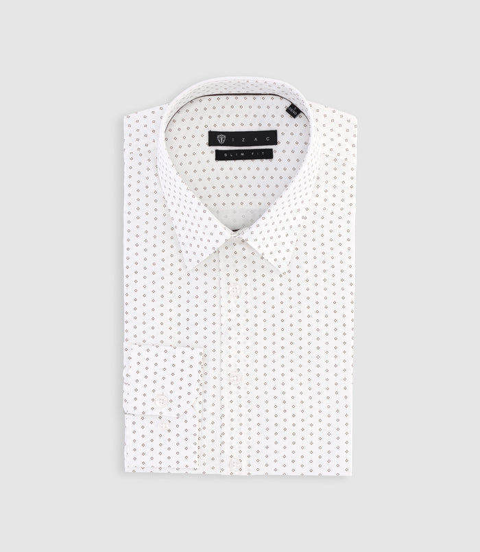 izac Chemise imprimée micro motifs blanche et camel PAOLINO