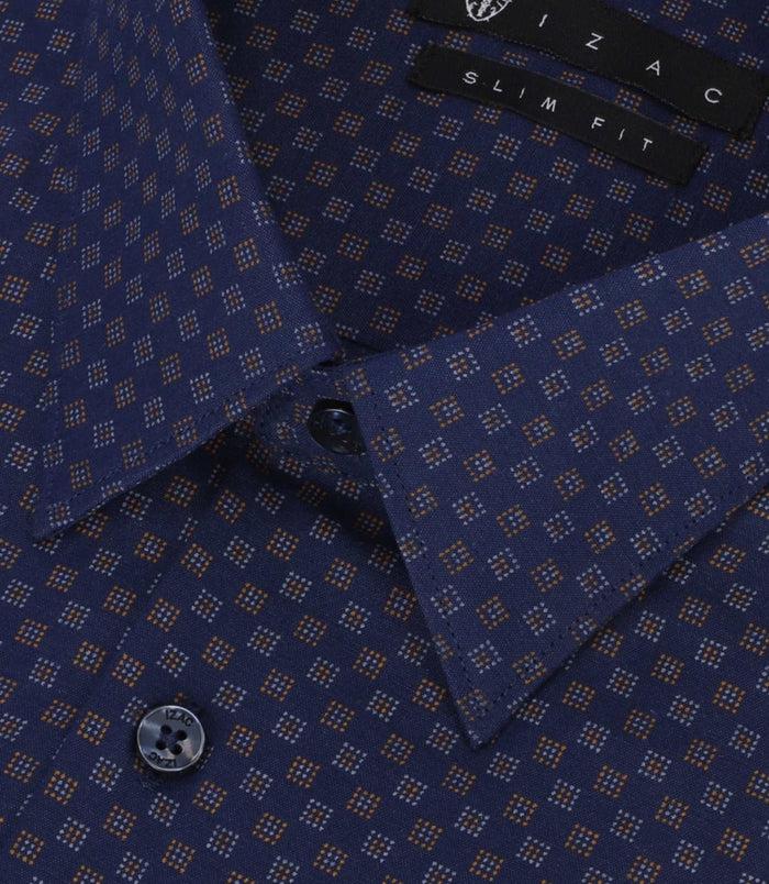 Izac Chemise Imprimée Micro Motifs Marine Et Camel PAMPA