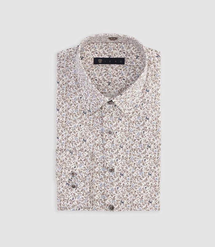 izac Chemise slim à imprimé fleuris blanche et camel MANU