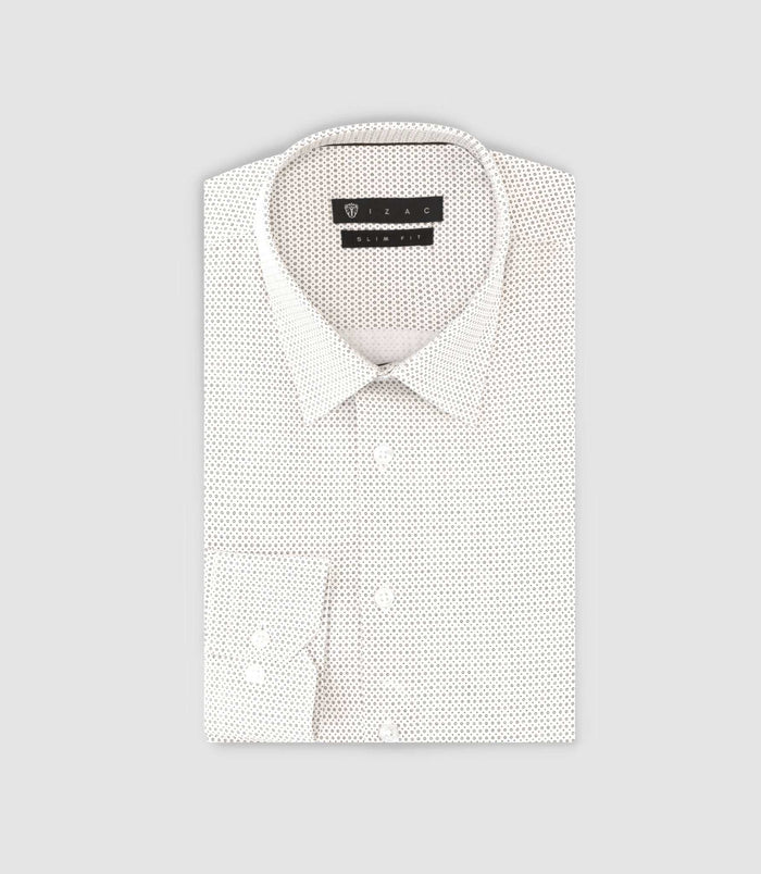 izac Chemise slim imprimée micro motifs blanc et camel PERLE