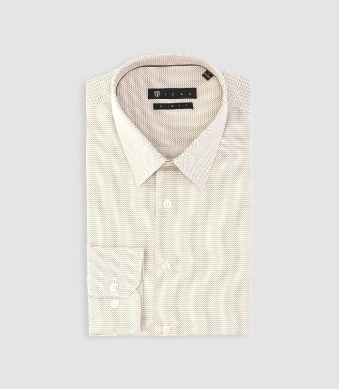 izac Chemise slim imprimée micro motifs blanche et beige PRESTO