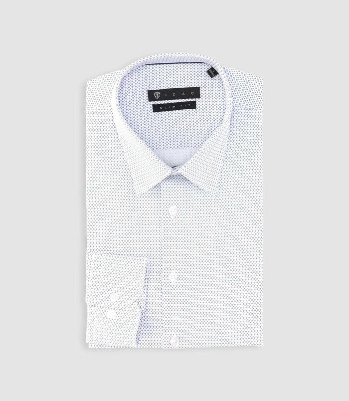 izac Chemise slim imprimée micro motifs blanche et bleu PERLE