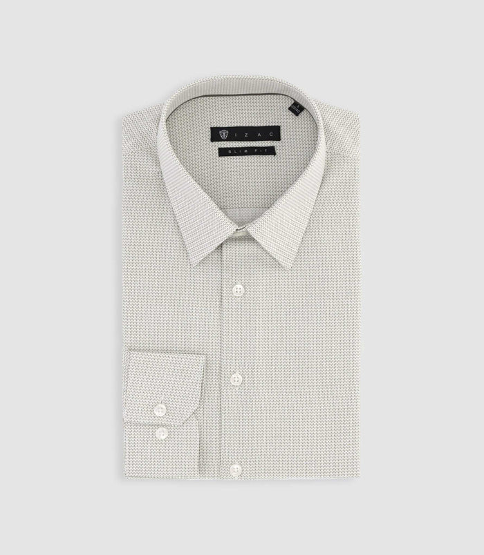 Izac Chemise Slim Imprimée Micro Motifs Blanche Et Kaki PRESTO