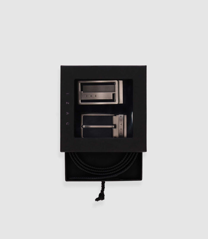 izac Coffret ceinture réversible en cuir noir et anthracite COFF19