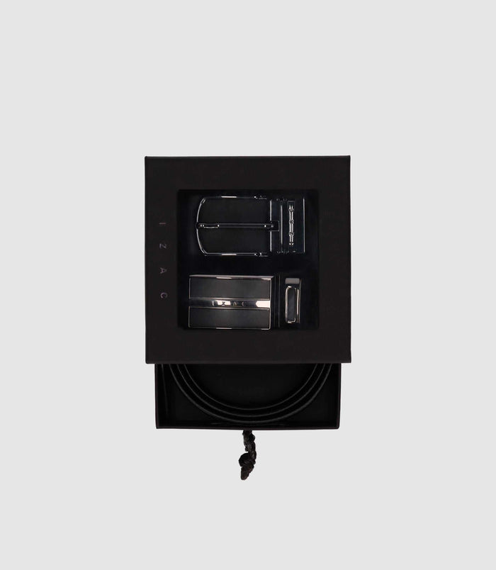 izac Coffret ceinture réversible en cuir noir et noir matt