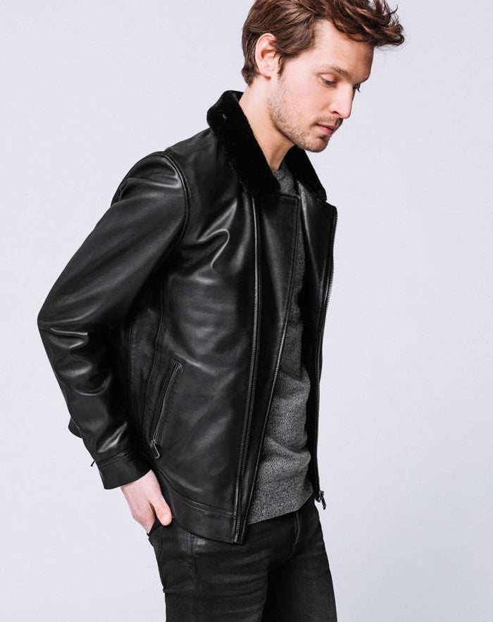 Izac BLOUSON CUIR COL FOURRURE