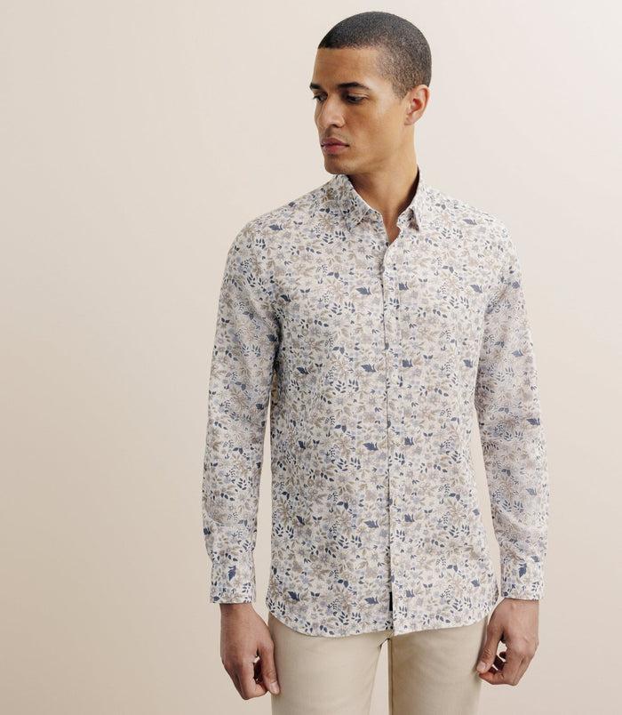 izac Chemise à fleurs 100% coton beige