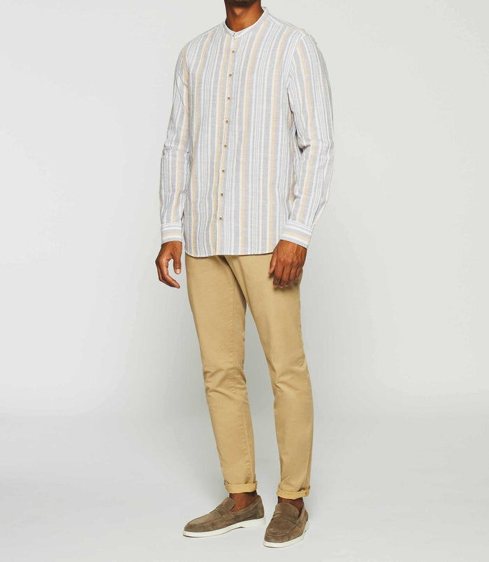 izac Chemise à rayures en lin col mao camel KABOSA