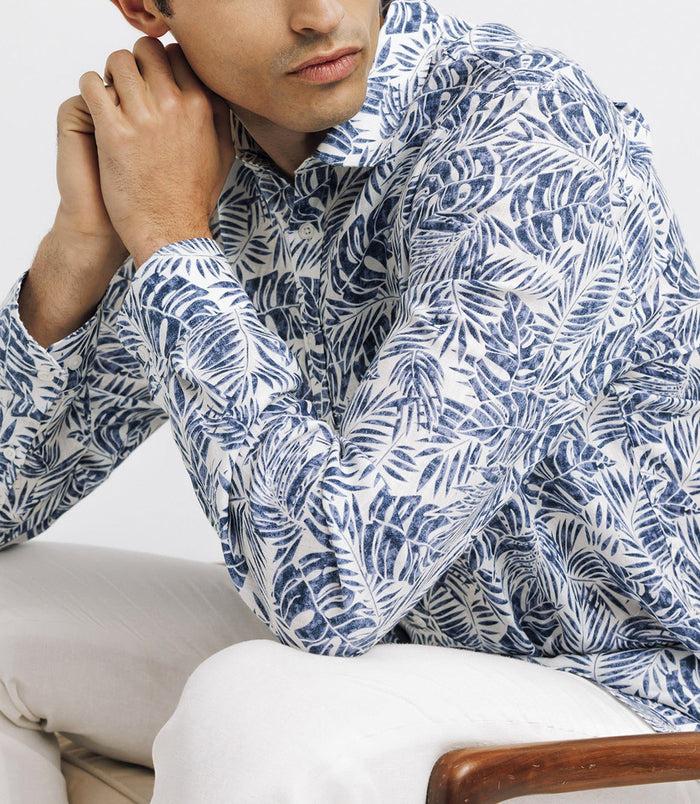 Izac Chemise Casual En Lin Imprimée Bleue